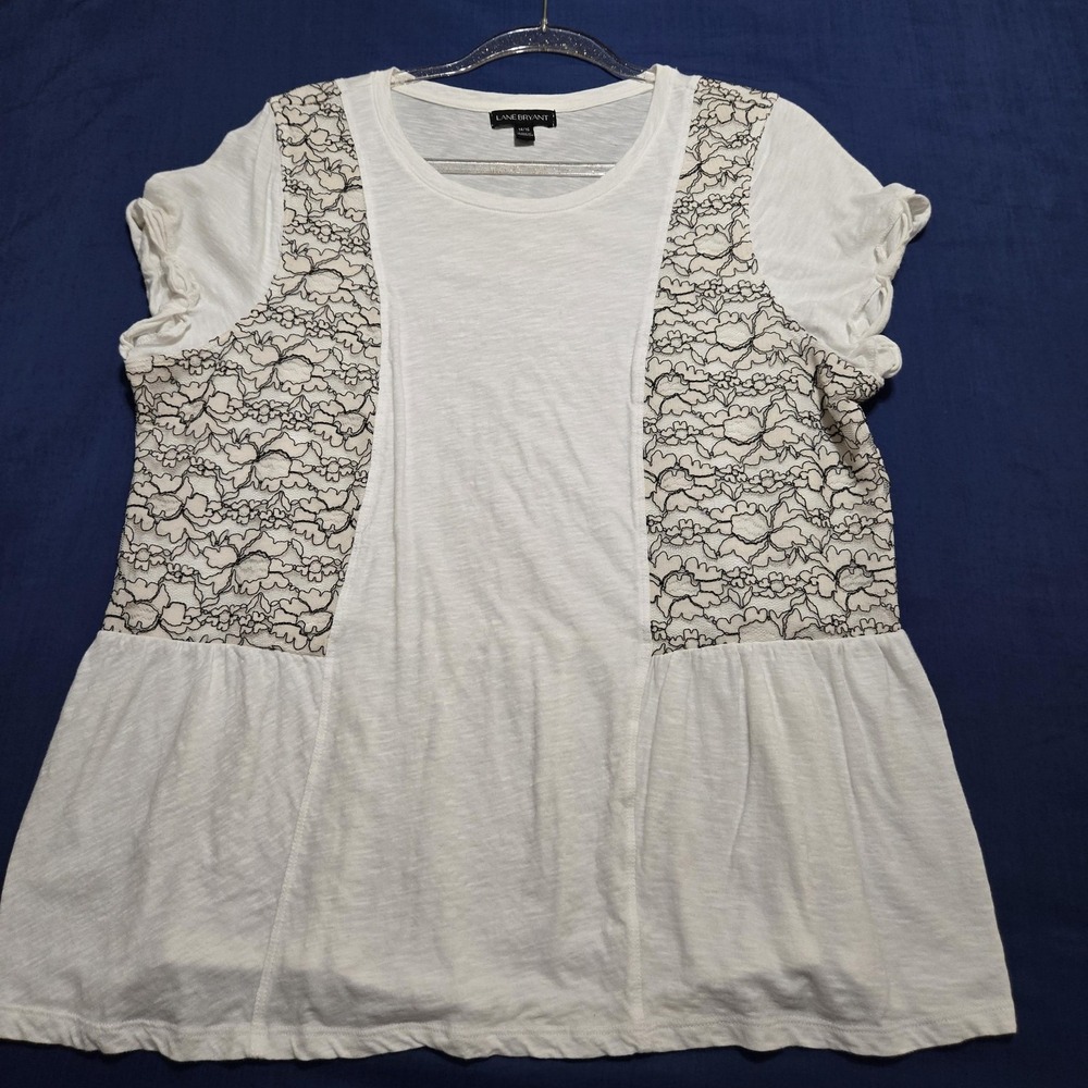 Lane Bryant Shirt Womens 14/16 White Lace Floral Jersey Tunic Top Short Sleeve